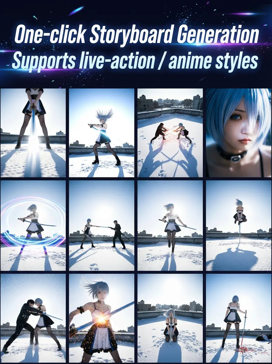 One-click storyboard workflow (supports anime and live-action)