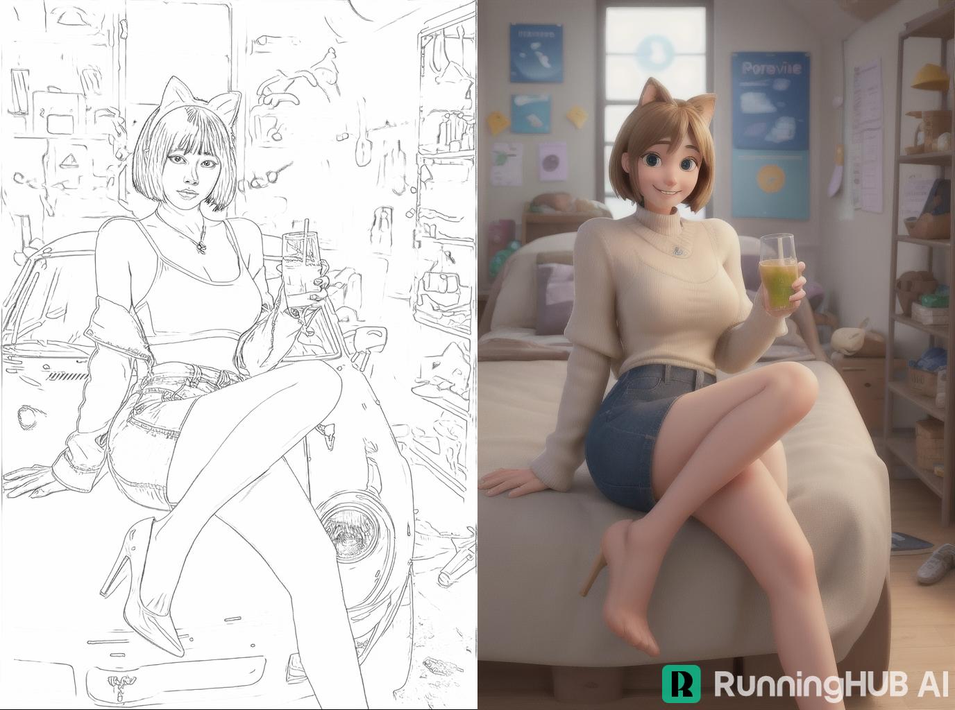 Real person turned into Disney Pixar 3D animation line art