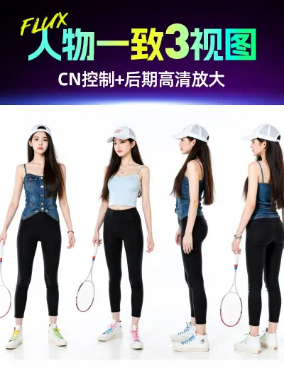 【完美真实】FLUX IP角色 三视图多角度 CN控制+后期高清放大